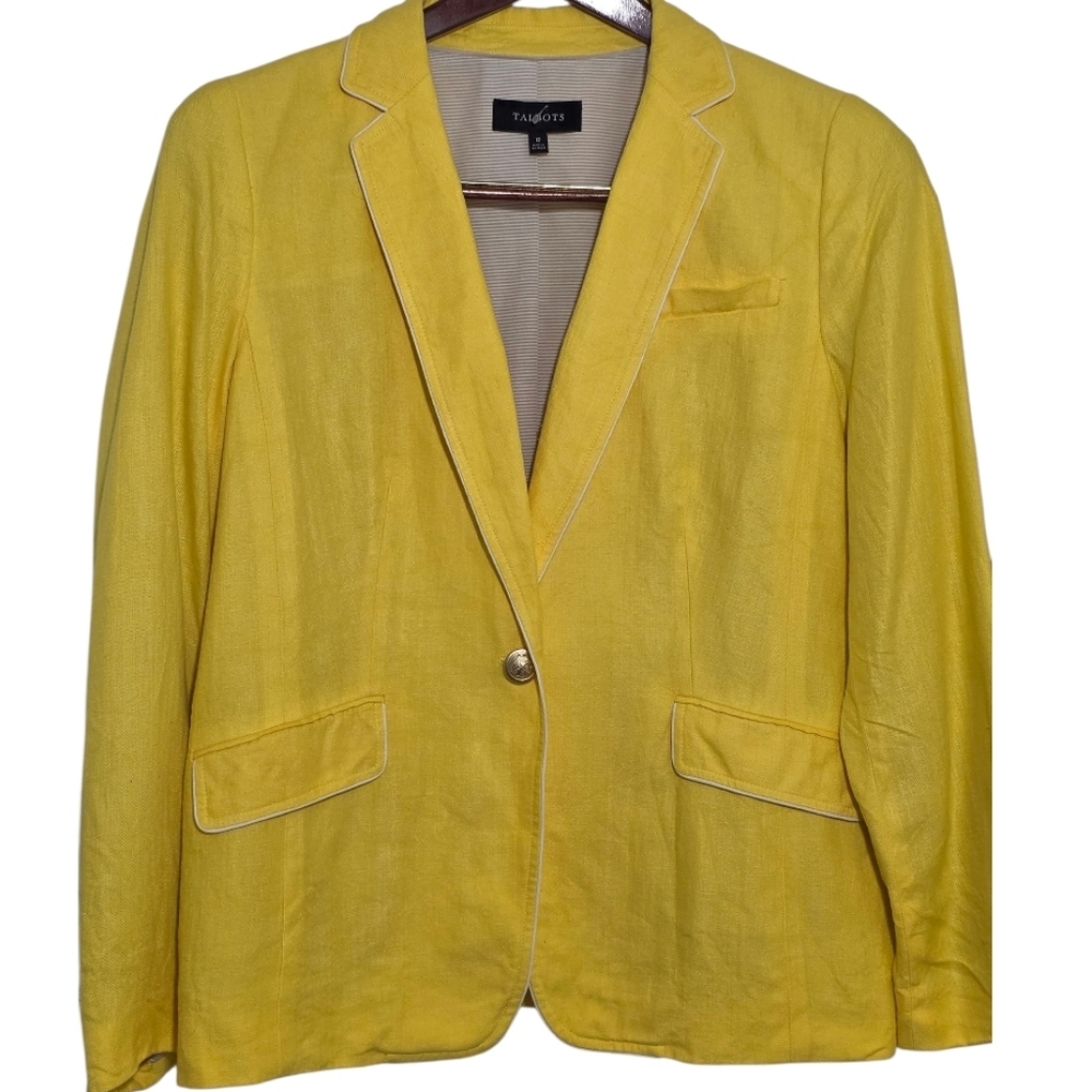 Talbots Vibrant Yellow Blazer White Piping Linen Size 12